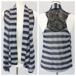 Alex & Jane Gray Striped Crochet Lace Back Cardigan Vest Women’s Size M Jrs.